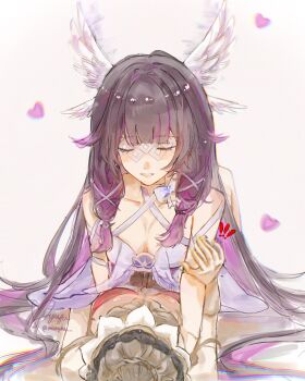 ! !! 2girls black_hair breasts brown_hair cleavage closed_eyes columbina_(genshin_impact) commentary dress feathered_wings genshin_impact hand_up hashtag-only_commentary heart highres long_hair lying_on_person minyuu multiple_girls parted_lips purple_dress purple_hair sandrone_(genshin_impact) smile symbol-only_commentary wings yuri