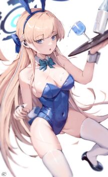 1girl :o absurdres animal_ear_hairband animal_ears aqua_bow aqua_bowtie black_shoes blonde_hair blue_archive blue_hairband blue_halo blue_leotard blue_streaks bow bowtie commentary_request covered_navel detached_collar earpiece fake_animal_ears fake_tail hairband halo high_heels highleg highleg_leotard highres holding holding_tray leotard long_hair looking_at_viewer maridix playboy_bunny rabbit_ear_hairband rabbit_ears rabbit_tail shoes solo strapless strapless_leotard tail thighhighs toki_(blue_archive) toki_(bunny)_(blue_archive) tray very_long_hair white_thighhighs white_wrist_cuffs wrist_cuffs