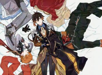 2boys 44dots clothes genshin_impact looking_at_another multiple_boys pajamas smile tartaglia_(genshin_impact) twitter white_background zhongli_(genshin_impact)