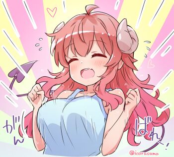 1girl :d ^_^ blue_shirt blush bouncing_breasts breasts closed_eyes commentary_request curled_horns demon_girl demon_tail highres horns icorasama large_breasts long_hair machikado_mazoku motion_lines open_mouth red_hair shirt smile solo tail twitter_username upper_body yoshida_yuuko