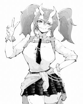 1girl bandaid bandaid_on_face bandaid_on_nose breasts chest_belt closed_mouth clothes_around_waist commentary cowboy_shot double-parted_bangs fangs fangs_out fortnite greyscale hair_between_eyes half-closed_eyes hand_on_own_hip hand_up highres horns looking_at_viewer medium_breasts medium_hair miniskirt miregeist monochrome necktie nemia_(fortnite) oni scrunchie shirt simple_background skin-covered_horns skirt smile solo twintails v white_background wrist_scrunchie