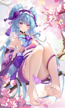 1girl artist_name bare_legs barefoot bell between_toes blue_hair blush breasts cherry_blossoms closed_mouth convenient_leg dated detached_sleeves eyelashes falling_petals feet flower frilled_hairband frilled_sleeves frills full_body genshin_impact hair_ornament hairband highres japanese_clothes kimono knees_together_feet_apart knees_up legs long_hair looking_at_viewer maid medium_breasts miaogujun neck_bell obi obijime on_branch petals pink_flower pink_kimono pink_pupils pointy_ears purple_eyes purple_kimono purple_tail sash short_kimono sideboob signature sitting sleeveless sleeveless_kimono soles solo thighs toes very_long_hair wa_maid wide_sleeves yumemizuki_mizuki