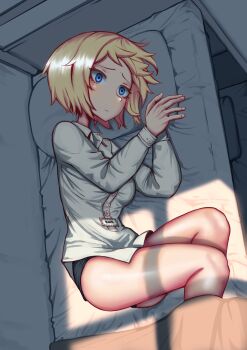 1girl bed blanket blonde_hair blue_eyes bunk_bed erica_(naze1940) highres leyna_koch lying on_side original panties pillow shirt short_hair short_shorts shorts solo underwear