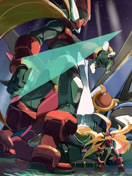 absurdres android armor blonde_hair boots crop_top crotch_plate energy_sword from_behind green_eyes highres holding holding_sword holding_weapon light_rays long_hair mecha mega_man_(series) mega_man_zero_(series) mega_man_zero_3 omega_(mega_man) omochi_(mochi_skymega) purple_eyes red_armor red_footwear robot smirk standing standing_on_liquid sword weapon z_saber zero(z)_(mega_man) zero_(mega_man)