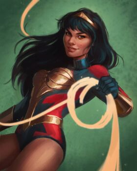 1girl armor black_hair black_leotard brown_eyes dark-skinned_female dark_skin dc_comics heattech_leotard highres holding_lasso lasso lasso_of_truth leotard long_hair looking_at_viewer mayara_sampaio mole mole_on_cheek multicolored_leotard red_leotard solo tiara turtleneck two-tone_leotard vambraces wonder_girl wonder_woman_(series) yana_flor