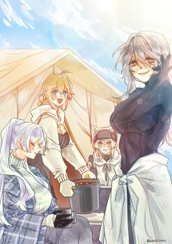 Rule 34 | 4girls, absurdres, beanie, blonde hair, blue eyes, bodysuit, braid, breasts, camping, chair, closed eyes, clothes around waist, cooking pot, cup, earflap beanie, folding chair, food, gloves, goddess of victory: nikke, grey hair, hat, highres, holding, holding cooking pot, holding cup, large breasts, long braid, long hair, mug, multiple girls, nayuta (nikke), no headwear, open mouth, outdoors, oven mitts, pioneer (nikke), rapunzel (nikke), scarlet (nikke), sitting, sky, smile, snow white (nikke), soup, tent, very long hair, white hair, woozoo, yellow eyes
