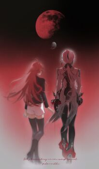 Rule 34 | 2girls, absurdres, ahoge, arlecchino (genshin impact), back, black bow, black footwear, black jacket, black pants, black thighhighs, blurry, blurry foreground, bow, chinese commentary, clervie (genshin impact), collared jacket, colored skin, couple, cursive, fingernails, frilled pants, frills, from behind, genshin impact, gradient background, grey hair, grey jacket, hair bow, high heels, highres, huge ahoge, jacket, long hair, long sleeves, low ponytail, moon, multicolored background, multicolored hair, multicolored skin, multiple girls, pants, pink hair, ponytail, red background, red moon, sharp fingernails, short shorts, shorts, standing, streaked hair, suit jacket, thighhighs, two-tone hair, two-tone skin, white shorts, xinjinjumin622842979226, yuri