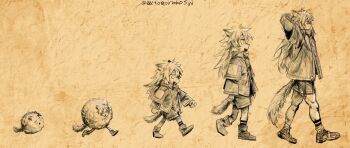 3girls animal_ears arknights arms_behind_back blob chibi evolutionary_line full_body jacket joke lappdumb_(meme) lappland_(arknights) long_hair meme messy_hair monochrome multiple_girls mutomorokoshi running sheep tail walking wolf_ears wolf_girl wolf_tail