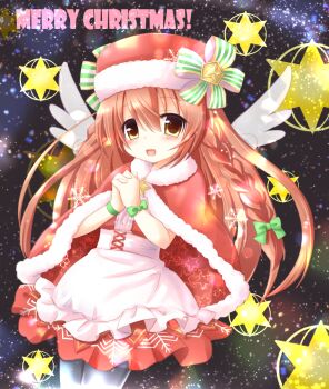 1girl akino_sakura alternate_costume apron black_background braid brown_eyes brown_hair cape dress emil_chronicle_online frilled_apron frills fur_cape green_ribbon green_wrist_cuffs hat hat_ribbon long_hair merry_christmas open_mouth own_hands_clasped own_hands_together red_cape red_dress ribbon santa_costume santa_hat solo star_(symbol) stella_lore thighhighs waist_apron white_apron white_thighhighs white_wings wings wrist_cuffs