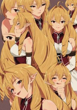 1girl ahoge bare_shoulders blonde_hair blush breasts detached_sleeves drill_hair elf elinalise_dragonroad hair_between_eyes highres large_breasts licking_lips long_hair looking_at_viewer multiple_views mushoku_tensei nyus0721 pointy_ears red_eyes smile tongue tongue_out twin_drills very_long_hair