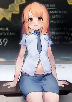 1girl artist_name blue_necktie blue_skirt blurry blurry_background blush breasts brown_eyes chalkboard classroom closed_mouth collared_shirt desk english_text highres indoors kani_fish long_hair looking_at_viewer miniskirt navel necktie on_desk orange_hair original pencil_skirt shirt short_sleeves sitting skirt small_breasts smile solo sweat white_shirt