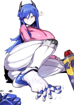 ? blue_hair blush breasts doppel_(bonnypir) feet grin highres horns humanoid_robot large_breasts leg_lift looking_at_viewer pink_shirt robot robot_girl shirt smile spread_toes sweat thighs toes wd-40 wiggling_toes
