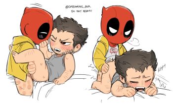 2boys arm_hair ass beard blush bottomless brown_hair chibi closed_eyes couple deadpool deadpool_&amp;_wolverine deadpool_(series) doggystyle dreaming_oor facial_hair highres male_focus marvel marvel mask motion_lines multiple_boys one_eye_closed open_mouth red_mask scar scars_all_over sex sex_from_behind shirt short_hair sweat tank_top teeth too_many wolverine_(x-men) x-men yaoi