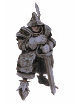 1boy absurdres adelbert_steiner armor armored_boots boots chainmail closed_mouth final_fantasy final_fantasy_ix frown gloves gobli_prin hat_feather helmet highres holding holding_sword holding_weapon knight male_focus pauldrons plate_armor shoulder_armor solo standing sword weapon white_background white_gloves