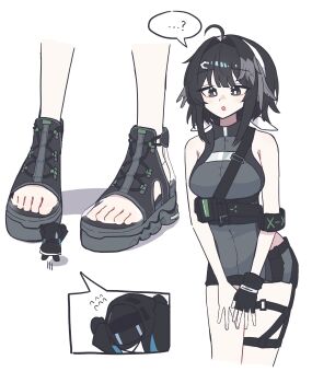 ... ...? 1girl 1other :o ? absurdres ahoge arknights black_eyes black_gloves black_hair black_sandals breasts bright_pupils doctor_(arknights) feet fingerless_gloves flying_sweatdrops gloves hair_intakes hands_on_own_thighs highres hmrsh la_pluma_(arknights) medium_breasts open_mouth own_hands_together platform_sandals sandals short_hair simple_background single_fingerless_glove size_difference speech_bubble spoken_ellipsis spoken_question_mark toes white_background white_pupils