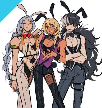 3boys =_= ace_attorney animal_ears apollo_justice:_ace_attorney armlet asymmetrical_pants belt belt_buckle bindi black_belt black_bow black_bowtie black_collar black_eyes black_hair black_leotard black_pants black_waistcoat blonde_hair blue_background blue_eyes boots bow bowtie braid braided_ponytail buckle buttons champagne_flute collar collarbone commentary_request crossed_arms crotchless crotchless_pants cup dark-skinned_male dark_skin deltoids detached_collar double-breasted drill_hair drinking_glass earrings facial_mark fake_animal_ears fingernails fishnet_thighhighs fishnets forehead_jewel forehead_mark green_eyes grey_bow grey_bowtie grey_pants grgrton highres holding holding_tray hoop_earrings index_ring jewelry klavier_gavin lapels legwear_garter leotard light_smile long_hair looking_at_viewer male_focus male_playboy_bunny multicolored_hair multiple_boys nahyuta_sahdmadhi notched_lapels pants pectorals phoenix_wright:_ace_attorney_-_dual_destinies phoenix_wright:_ace_attorney_-_spirit_of_justice purple_waistcoat rabbit_ears rabbit_tail red_bow red_bowtie short_hair simon_blackquill simple_background single_earring single_thigh_boot smile tail thick_eyebrows thigh_belt thigh_boots thigh_strap thighhighs thumb_ring tray two-tone_background two-tone_hair two-tone_waistcoat unamused vest waistcoat wallet_chain white_background white_collar white_hair white_pants white_waistcoat wrist_cuffs yellow_waistcoat