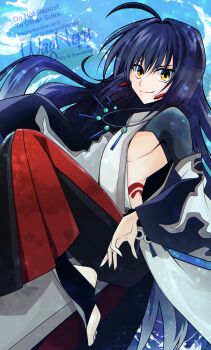 1other ahoge black_hair black_pants black_shrug brown_eyes detached_sleeves dress earrings fate/grand_order fate_(series) hakama hakama_pants highres japanese_clothes jewelry long_hair long_sleeves looking_at_viewer necklace pants red_pants shrug_(clothing) sidelocks smile solo stirrup_legwear toeless_legwear two-tone_pants wagu_neru white_dress wide_sleeves yamato_takeru_(fate)