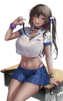 absurdres arm_up black_bra black_hair black_nails blue_necktie blue_skirt bra breasts cleavage commentary cropped_shirt dark_skin de_yai_shui_yan_di desk english_commentary garter_straps goddess_of_victory:_nikke hair_ribbon highres large_breasts long_hair looking_at_viewer midriff miniskirt naga_(nikke) navel necktie open_mouth pleated_skirt ribbon school_desk side_ponytail single_garter_strap sitting sitting_on_table skirt smile striped_clothes striped_skirt underwear vertical-striped_clothes vertical-striped_skirt yellow_eyes