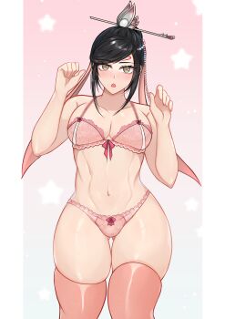 1boy :o absurdres black_hair blush bra commission crossdressing crossdressing_(mtf) gluteal_fold hair_ornament highres male_focus navel nose_blush panties pectorals pink_bra pink_panties pink_thighhighs pixiv_commission puffy_male_chest rayka sangoku_musou_1 shin_sangoku_musou skindentation solo star_(symbol) thighhighs trap underwear zhang_he_(shin_sangoku_musou)