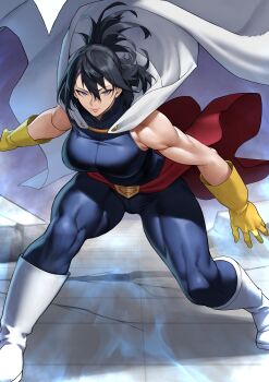 Rule 34 | 1girl, absurdres, black hair, blue eyes, bodysuit, boku no hero academia, boots, breasts, cape, closed mouth, gloves, hair between eyes, highres, large breasts, long hair, looking at viewer, mole, mole under mouth, muscular, muscular female, shimura nana, sleeveless, sleeveless bodysuit, smile, solo, superhero costume, waist cape, white boots, white cape, yellow gloves, yoshio (55level)
