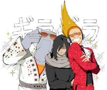 3boys aizawa_shota ascot black_shirt blonde_hair boku_no_hero_academia cementoss disco facial_hair grin hair_between_eyes headphones jacket kaido_(kaido_ggg) long_sleeves looking_at_viewer male_focus multiple_boys mustache orange-tinted_eyewear present_mic red_jacket rhinestone scarf shirt smile sparse_stubble tinted_eyewear translation_request white_ascot white_jacket yellow_shirt