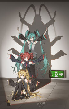 3girls absurdres akita_neru aqua_eyes aqua_hair aqua_necktie black_boots black_shirt black_skirt black_sleeves blonde_hair blush boots closed_mouth collared_shirt detached_sleeves drill_hair grey_shirt hair_between_eyes hatsune_miku highres kasane_teto kieed kneeling long_hair multiple_girls necktie number_tattoo open_mouth outstretched_arms red_eyes red_hair red_necktie shirt shoulder_tattoo side_ponytail sidelocks skirt smile spread_arms tattoo thigh_boots thighhighs triple_baka_(vocaloid) twin_drills twintails utau vocaloid yellow_eyes yellow_necktie zettai_ryouiki
