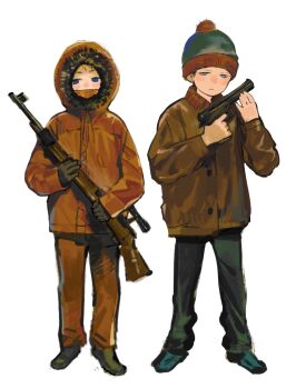 Rule 34 | 2boys, assault rifle, black hair, black pants, black shoes, blonde hair, blue eyes, blue hat, blue shoes, blush, brown jacket, buttons, closed mouth, commentary, cuf nayl, full body, fur-trimmed hood, fur trim, gun, half-closed eyes, handgun, hands up, hat, highres, holding, holding gun, holding weapon, hood, hooded jacket, jacket, kenny mccormick, long sleeves, looking at viewer, male focus, multiple boys, orange jacket, orange pants, pants, pom pom (clothes), puffy long sleeves, puffy sleeves, rifle, shoes, short hair, simple background, south park, stan marsh, standing, symbol-only commentary, weapon, white background