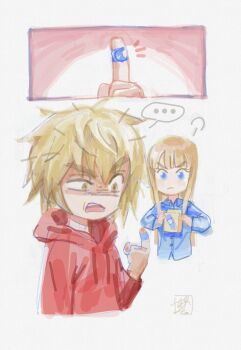 Rule 34 | ..., 2boys, bandaid, bandaid on finger, bandaid on hand, blonde hair, blue eyes, blue shirt, brown eyes, canute, closed mouth, contemporary, furehana, highres, hood, hoodie, looking at hand, male focus, multiple boys, open mouth, panels, shirt, speech bubble, teeth, thorfinn, upper teeth only, vinland saga, wing collar