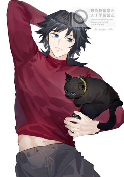 1boy alternate_costume arm_up black_cat black_hair casual cat closed_mouth commentary grey_pants highres kimetsu_no_yaiba long_hair looking_at_animal low_ponytail male_focus midriff navel pants ponytail red_shirt shirt simple_background smile soboru_jmt solo spiked_hair symbol-only_commentary tomioka_giyuu watermark white_background