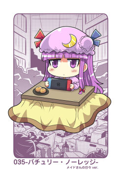 1girl blunt_bangs book book_stack bookshelf bow box chibi colonel_aki commentary_request crescent crescent_hat_ornament crescent_moon food fruit hair_bow hat hat_ornament hat_ring kotatsu library long_hair long_sleeves looking_at_viewer mandarin_orange mob_cap moon nightgown nintendo nintendo_switch patchouli_knowledge purple_eyes purple_hair sidelocks solo table touhou translation_request trash trash_bag
