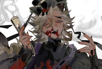 Rule 34 | 1boy, black hat, black nails, blonde hair, blood, blood from mouth, blue eyes, douma (kimetsu no yaiba), dress, fangs, fingernails, half-closed eyes, hands up, hat, highres, holding, kimetsu no yaiba, kinokokokotori, long hair, looking at viewer, male focus, pink eyes, smile, solo, spiked hair, teeth, two-tone dress, upper body, upper teeth only, white background