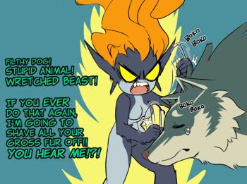 1girl afterimage angry black_skin blank_eyes blue_background clenched_hands closed_eyes closed_mouth colored_skin demon_girl english_text forehead grey_skin hands_up hitting link long_hair midna morpskorp motion_lines multicolored_skin nintendo no_headwear open_mouth orange_hair pointy_ears profile simple_background sketch standing super_saiyan talking tears teeth the_legend_of_zelda the_legend_of_zelda:_twilight_princess two-tone_skin u_u wolf wolf_link yellow_eyes