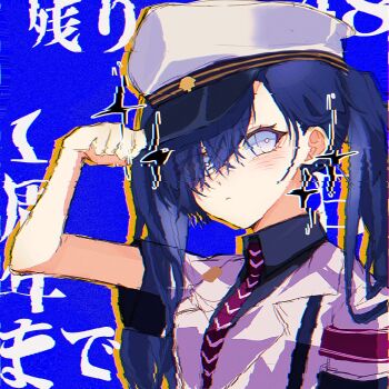 Rule 34 | 1girl, armband, black hair, black shirt, blue background, collared shirt, commentary request, hat, highres, jacket, long hair, military hat, military jacket, military uniform, minus (reverseblue), necktie, peaked cap, red armband, red necktie, reverseblue x re-birthend, shirt, short sleeves, solo, striped clothes, striped necktie, twintails, white hat, white jacket, zika power
