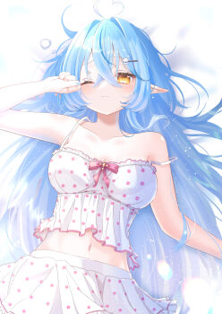 1girl absurdres ahoge bare_shoulders bed blue_hair blush breasts camisole closed_mouth collarbone commentary_request elf hair_between_eyes hair_ornament heart heart_ahoge highres hololive indoors kikuno_tsumiki large_breasts lying official_alternate_costume official_alternate_hair_length official_alternate_hairstyle on_back on_bed one_eye_closed pointy_ears polka_dot polka_dot_camisole polka_dot_skirt skirt sleepwear solo virtual_youtuber waking_up white_camisole white_skirt yellow_eyes yukihana_lamy yukihana_lamy_(roomwear)