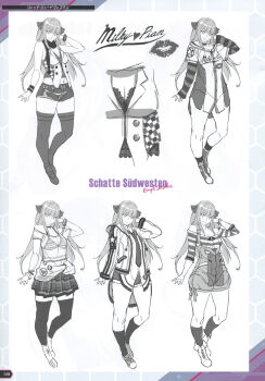 Rule 34 | 1girl, absurdres, artbook, breasts, breasts apart, cleavage, concept art, denim, denim shorts, full body, hair ribbon, highres, large breasts, long hair, looking at viewer, monochrome, multiple views, non-web source, official art, open mouth, parted lips, reference sheet, ribbon, scan, shatte judevesten, shiny skin, shirt, shorts, sketch, striped clothes, striped shirt, super robot wars, super robot wars x-omega, upper body, watanabe wataru (character designer), wide hips