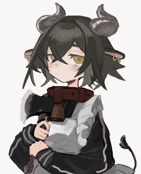 1girl animal_collar animal_ear_piercing animal_ears apron axe bell black_hair collar commentary_request cow_ears cow_girl cow_horns cow_tail earrings expressionless green_eyes hair_ornament half-closed_eyes highres holding holding_axe horns jacket jersey_maid jewelry long_sleeves looking_at_viewer maid neck_bell original shimosuke short_hair solo tail track_jacket unconventional_maid upper_body