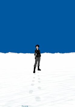 1boy ankle_boots arms_at_sides artist_name bandage_on_cheek bandaged_arm bandages black_hair black_shoes blue_sky boots clear_sky cleats closed_eyes clothing_cutout facing_viewer fate/grand_order fate_(series) fujimaru_ritsuka_(male) fujimaru_ritsuka_(male)_(polar_chaldea_uniform) full_body glove_cutout grey_pants long_sleeves male_focus mountain mushi_(gooooooon) pants shoes short_hair sky smile snow solo solo_focus teeth upper_teeth_only wide_shot