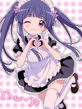 1girl ;3 alternate_costume alternate_hairstyle apron arched_bangs black_dress black_shoes blunt_bangs blush bow bowtie closed_mouth collared_dress commentary dress emoticon enmaided frilled_apron frills furude_rika gingham_background heart heart_hands heart_in_heart_hands highres higurashi_no_naku_koro_ni long_hair long_sidelocks looking_at_viewer maid maid_headdress mary_janes niyane one_eye_closed pink_bow pink_bowtie puffy_short_sleeves puffy_sleeves purple_eyes purple_hair shoes short_dress short_sleeves sidelocks smile solo thighhighs twintails twintails_day white_apron white_thighhighs