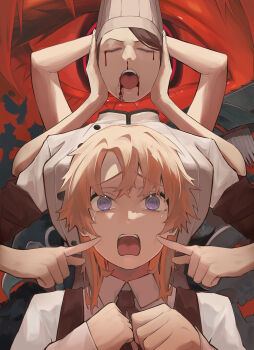 2girls absurdres black_dress black_hair blood blood_drip bloody_tears blue_eyes chainsaw_man cheek_poking chef chef_hat disembodied_head dress extra_arms falling_devil_(chainsaw_man) famine_devil_(chainsaw_man) fourth_east_high_school_uniform grey_hair hat highres holding_detached_head medium_hair multiple_girls open_mouth pinafore_dress poking school_uniform severed_head shirt sleeveless sleeveless_dress touch_(uo2iqsbub291352) white_shirt