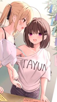 2girls :d ahoge armpit_crease armpits bare_shoulders black_ribbon blonde_hair blonde_hair-chan_(ramchi) blush bra_strap breasts brown_hair childhood_friend-chan_(ramchi) cleavage clothes_writing collarbone hair_ornament hair_ribbon hairclip highres looking_at_another medium_hair multiple_girls off-shoulder_shirt off_shoulder open_mouth original purple_eyes ramchi red_eyes ribbon shirt short_sleeves single_bare_shoulder single_off_shoulder smile standing strap_slip sweatdrop tanabata tanzaku twintails x_hair_ornament
