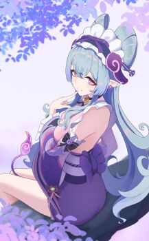 1girl absurdres ass black_choker blue_hair choker closed_mouth commentary detached_sleeves finger_to_mouth fingernails frilled_hairband frills from_behind genshin_impact hair_between_eyes hairband highres long_hair long_sleeves looking_at_viewer looking_back nail_polish nihongami on_branch pointy_ears purple_eyes purple_nails purple_sleeves sitting sitting_on_branch smile solo tail tapir_tail vec_ka very_long_hair yumemizuki_mizuki