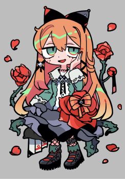 1girl belt black_belt black_bow black_shoes bow character_request dress fishnets flower frilled_dress frills full_body green_dress green_eyes grey_background hair_between_eyes hair_bow hand_on_own_cheek hand_on_own_face highres jitome long_hair looking_at_viewer mole mole_under_eye official_art open_mouth orange_hair petals piggparty plant red_flower shoes simple_background smile solo terada_tera vines