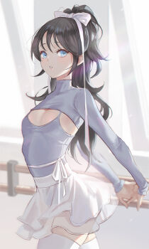 1girl arms_behind_back athletic_leotard ballerina barre black_hair blue_eyes blue_leotard bow breasts cowboy_shot day hair_bow high_ponytail indoors interlocked_fingers lens_flare leotard light_blush long_hair long_sleeves looking_at_viewer original oto1_030 own_hands_together parted_lips ponytail see-through_clothes see-through_shirt shirt shrug_(clothing) small_breasts solo standing stretching sunlight teeth thighhighs tutu very_long_hair white_bow white_thighhighs