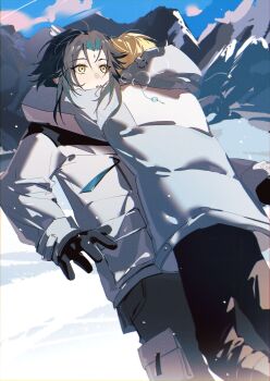 1boy 1girl absurdres alternate_costume black_gloves black_hair black_pants blonde_hair blue_sky chinese_commentary commentary ddddaob facial_mark forehead_mark genshin_impact gloves grey_pants hetero highres hood hood_down hooded_jacket hug jacket leaning_forward long_sleeves lumine_(genshin_impact) mountain open_mouth pants parted_bangs sky snow xiao_(genshin_impact) yellow_eyes