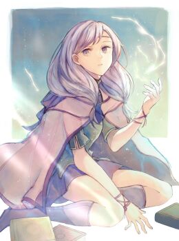 1girl book border breasts cape closed_mouth fire_emblem fire_emblem:_path_of_radiance green_shirt highres ilyana_(fire_emblem) leaf_(esabacoo) lightning long_hair looking_at_viewer magic nintendo outside_border pink_cape purple_eyes purple_hair purple_skirt shirt skirt small_breasts solo