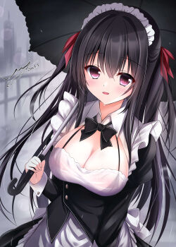 1girl 2023 :d absurdres apron back_bow black_bow black_bowtie black_dress black_hair black_umbrella blunt_bangs blush bow bowtie bra_visible_through_clothes breasts buttons cleavage cleavage_cutout clothing_cutout collared_dress commentary_request cowboy_shot dated dress dutch_angle eyelashes eyes_visible_through_hair frilled_apron frills hair_between_eyes hair_intakes hair_ribbon hand_up highres holding holding_umbrella juliet_sleeves large_breasts long_hair long_sleeves looking_at_viewer maid maid_apron maid_headdress maitsuki_moe open_mouth original outdoors puffy_sleeves rain red_eyes red_ribbon ribbon see-through_clothes see-through_dress signature smile solo straight_hair two_side_up umbrella uuy_(uuypro) v-shaped_eyebrows very_long_hair wet wet_clothes wet_dress white_apron white_bow