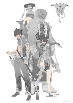 2boys 2girls ajirogasa arm_tattoo artist_name bandaged_arm bandages belt belt_buckle black_eyes black_hair blunt_bangs bracelet buckle chinese_clothes chinese_commentary clenched_hands closed_eyes cloud_print collared_jacket commentary_request creature crop_top denim double_bun dragon_print dual_wielding fingerless_gloves full_body fur-trimmed_jacket fur_trim glasses gloves grey_footwear grey_jacket grey_pants grey_skirt grey_sleeves grey_theme gun hair_bun hat high_collar highres holding holding_gun holding_knife holding_weapon jacket jeans jewelry katana knife liren44 looking_at_viewer mechanical_legs miniskirt mouth_guard multiple_boys multiple_girls open_clothes open_jacket original pants patchwork_clothes ring rope round_eyewear sheath sheathed shirt shoes simple_background single_mechanical_leg skirt stomach stomach_tattoo sunglasses sword tattoo turtleneck turtleneck_shirt watermark weapon weibo_watermark weibo_watermark white_background