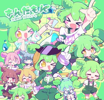 &gt;_&lt; &gt;_o 5girls :d ;3 ;d absurdres animal_ears ankomon arm_up blush_stickers border character_name closed_eyes closed_mouth commentary double-parted_bangs edamame english_commentary gloves green_border green_hair green_shirt grid_background happy_birthday highres long_hair long_sleeves multiple_girls multiple_views nekomo_(yumenkmc) off-shoulder_shirt off_shoulder one_eye_closed open_mouth outside_border shirt short_sleeves smile utau voicevox white_gloves white_shirt xd yellow_background yellow_eyes zundamon zundamon_(utau)