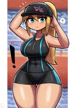 ! 1girl ? arms_behind_head arms_up baseball_cap black_hat black_shirt black_shorts blonde_hair blue_eyes blush breasts hat high_ponytail large_breasts long_hair looking_at_viewer metroid nintendo ponytail print_headwear samus_aran shirt shorts sidelocks speech_bubble spoken_question_mark standing tank_top thick_thighs thighs tony_welt wide_sleeves