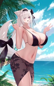 1girl animal_ears areola_slip beach bikini bird black_bikini black_bow black_sarong bow breasts cat_ears cleavage cloud cloudy_sky collarbone commentary commission day eeyoosekedooaat english_commentary eyepatch floral_print_sarong grey_hair highres huge_breasts lace_trim large_breasts looking_at_viewer ocean original outdoors palm_tree purple_eyes sand sarong see-through_clothes see-through_sarong sky summer swimsuit tail tail_bow tail_ornament tree vgen_commission water white_bird white_hair